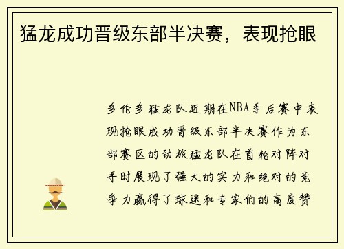 猛龙成功晋级东部半决赛，表现抢眼